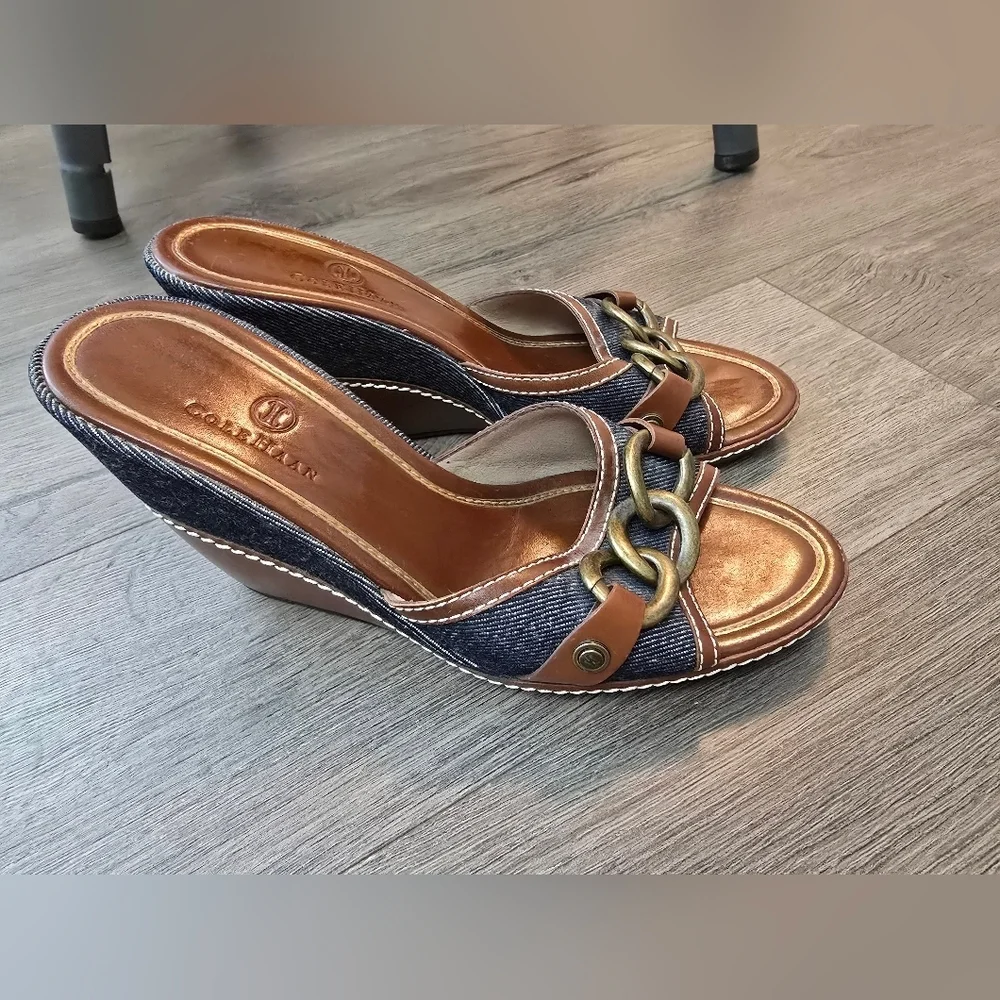 Cole Haan Leather Denim Metal Detail Wedges Ladies Size 7.5